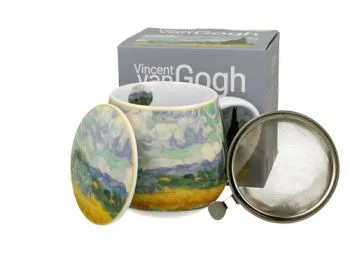 Porcelánový sudový hrnček so sitkom a krytom Vincent Van Gogh - Wheat Field 430 ml