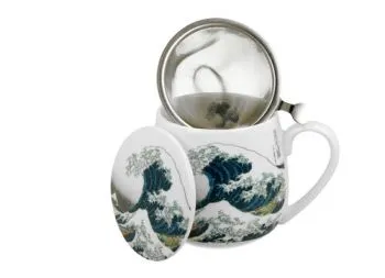 Porcelánový sudový hrnček so sitkom a krytom K. Hokusai - The Great Wave 430 ml